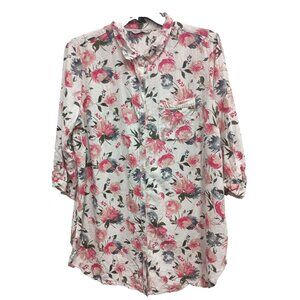 TU Womens Coastal Lagenlook Tunic Top Sz 20 Floral Linen Blend 3/4 Sleeve Casual